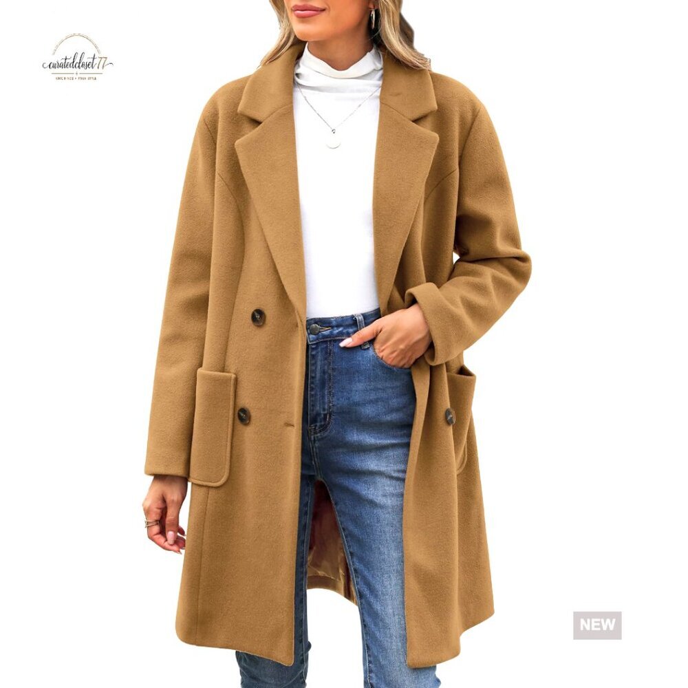 Wool Blend Double Breasted Pea Coat Notch Lapel Mid-Length Trench Coat